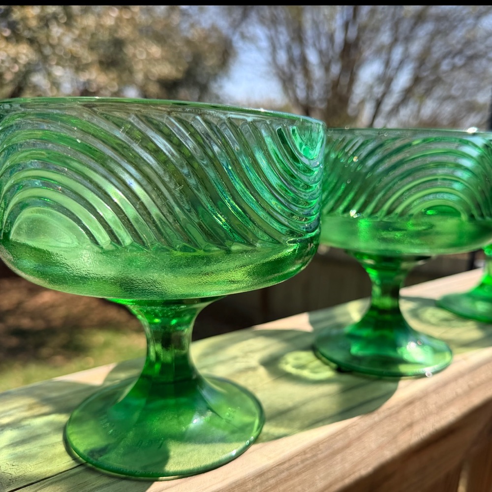 vintage E.O. Brody green glass pedestal compote bowls